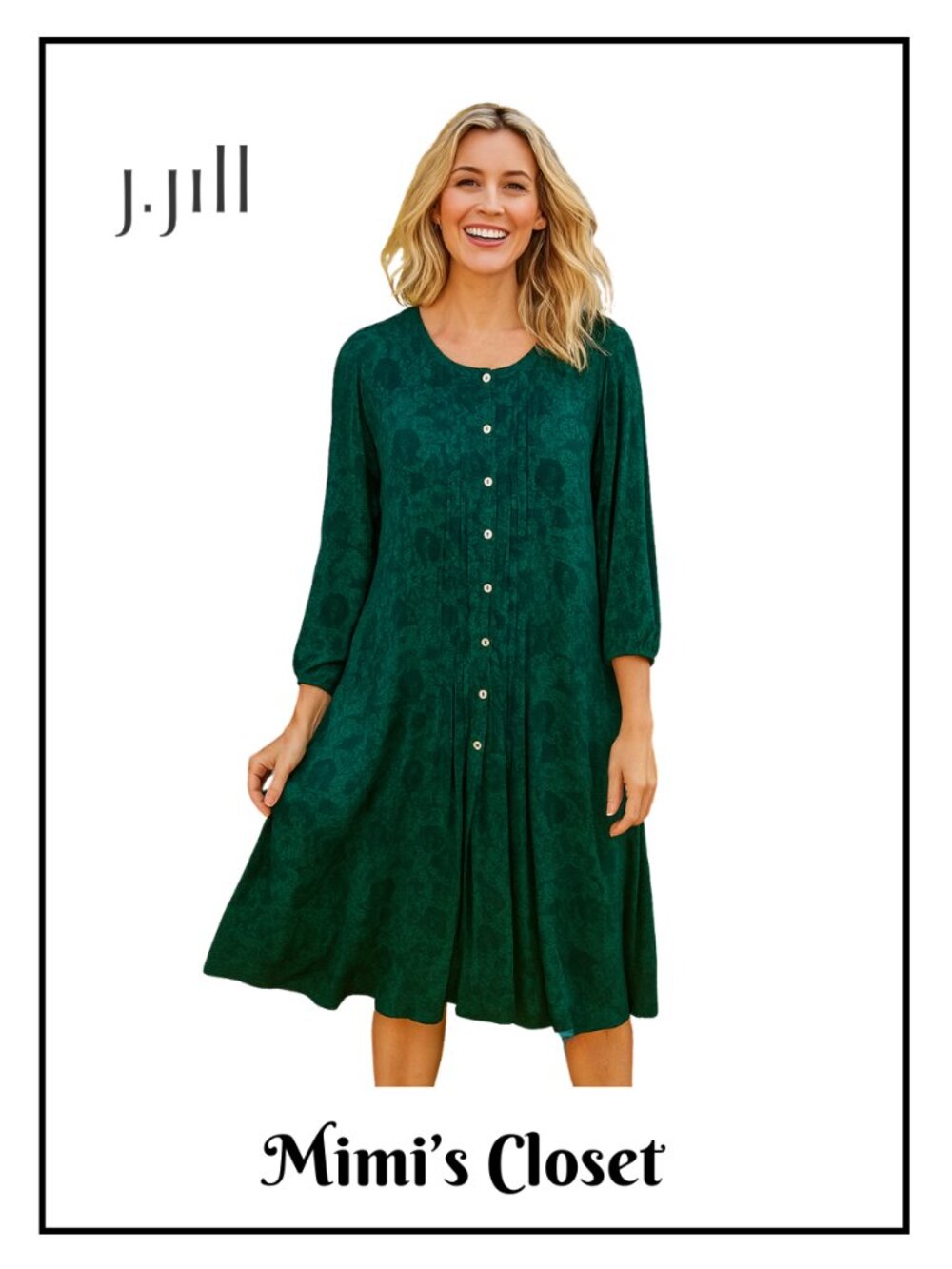 J.JILL Dress XL Viridian Deco Scroll Green Floral Pleated Button Dress